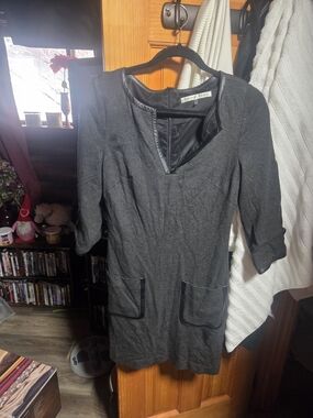 Trina Turk Charcoal Mini Dress with V-Notch and Patch Pockets